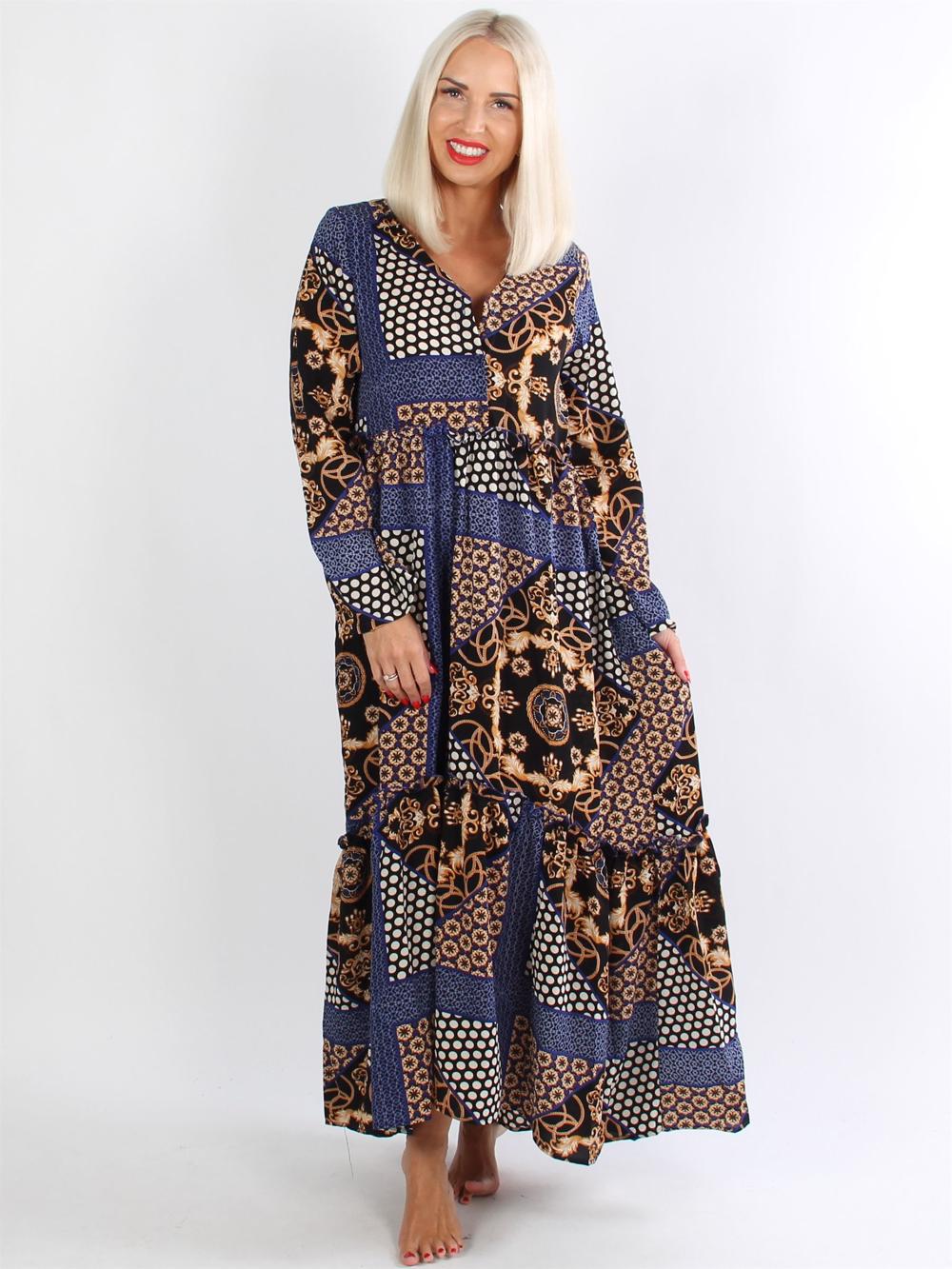 Rabia - Lång klänning med blått mönster och gulddetaljer